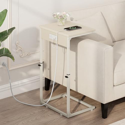 Vagusicc C Shaped End Table with Charging Station, Adjustable Height Side Table for Couch, Small Side Table, 33.2'' Tall Couch Tables that Slide Under, Tv Tray End Table for Living Room, Beige - color: Beige (1 Pack), style: With Plug