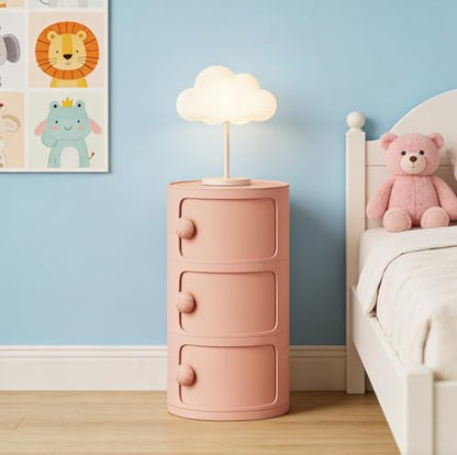 3 Tier Round Nightstand with Drawers, Plastic Pink Nightstand Modern Round Bedside Table with Handles and Sliding Door for Bedroom, Living Room - color: Pink
