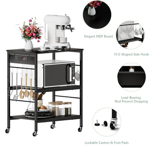Bakers Rack with Power Outlet Black Coffee Station Cart Table on Wheels Microwave Stand Table with Storage Shelf for Kitchen Living Room Bedroom - color: Black