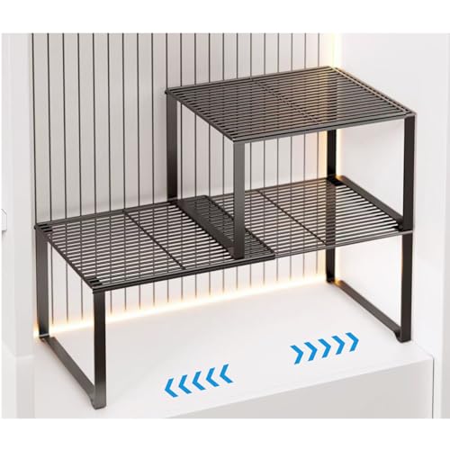 Extendable Metal Wire Shelf Organizer - Adjustable 15-24.4in Length, Stackable Storage Rack for Kitchen/Pantry/Bathroom/Shoe Cabinet/Tool Closet (2,Black) - color: Black, size: 2 Pack