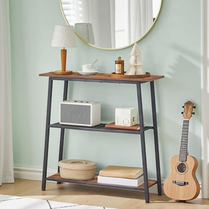 HOOBRO Narrow Console Table, 3-Tier Small Entryway Table with Storage Shelves, Behind Couch Sofa Table, Hallway Table for Entryway, Foyer, Hallway, Living Room, Rustic Brown and Black BF62XG01 - color: Rustic Brown + Black
