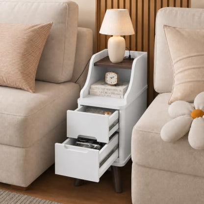 7.87"Narrow Side Table, Wood Small 2 Drawer Nightstand with Charger Station | Thin Couch Side End Table, Skinny Bedside Table Small Spaces, Mid Century Modern Night Stand with Drawers,White - color: White, size: Narrow (2 drawer)