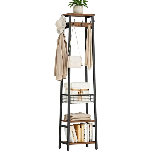 Coat Rack Freestanding, Coat Stand with Metal Basket and Storage Shelves, Hall Tree Free Standing with and 7 Hooks, Clothes Rack Stand Organizer, Rustic Brown and Black - color: Rustic Brown and Black, style: 2 Shelves + 1 Basket