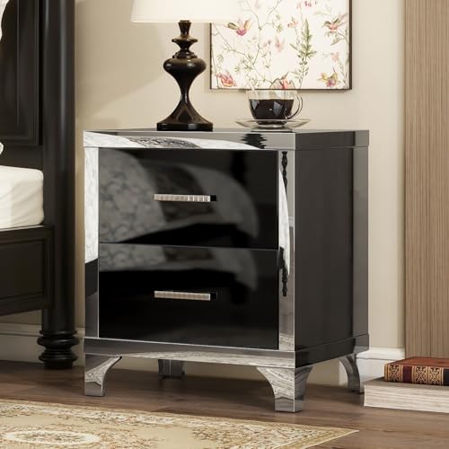Merax Night Stand with 2 Drawers, Mirrored High Gloss Wood Nightstand Metal Handle Bedside End Table for Bedroom, Dorm, Black - color: Black, size: Tall-legged