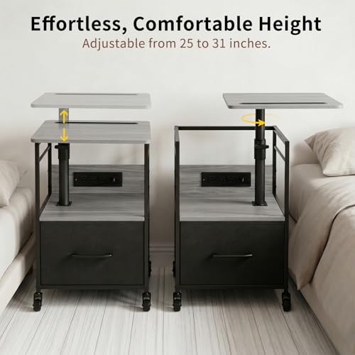 Small Bedside Table with Charging Station, Rolling Side Table with Wheels, Small Nightstand with Drawer Storage for Bedroom - Grey Walnut Look - color: Gray Walnut