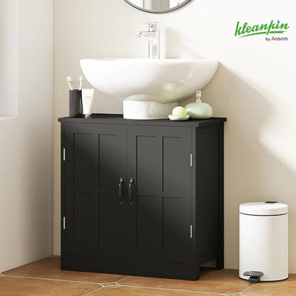 kleankin Pedestal Sink Storage Cabinet, Under Sink Cabinet with 2 Doors and Adjustable Shelf, Bathroom Vanity with U-Shape Cut-Out, Black - color: Black