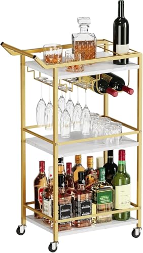 3 Tier Bar Cart Mini Liquor Utility Cart for Wine Beverage Dinner Party | Rolling Wine Coffee Drink Serving Cart with Lockable Wheels for Home Kitchen Bars (Gold) - color: Gold - 11.8"d X 20.8"w X 35.4"h