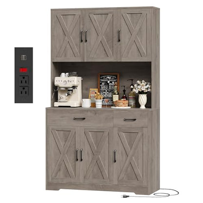 HOSTACK 71" Pantry Cabinet with Charging Station, Tall Kitchen Pantry Storage Cabinet with Microwave Stand, Farmhouse Kitchen Hutch with Storage Drawers for Living Room, Dining Room, Ash Grey - color: Ash Grey