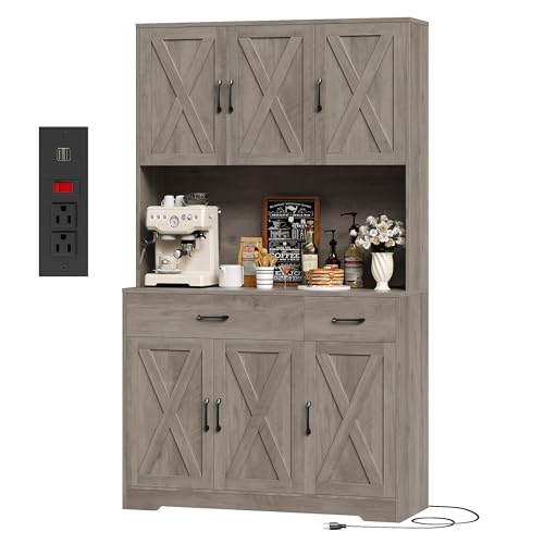 HOSTACK 71" Pantry Cabinet with Charging Station, Tall Kitchen Pantry Storage Cabinet with Microwave Stand, Farmhouse Kitchen Hutch with Storage Drawers for Living Room, Dining Room, Ash Grey - color: Ash Grey
