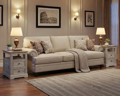 Farmhouse End Table with 2 Drawers, Narrow Sofa Side Table with Storage and Open Shelf, Wooden Nightstand for Small Spaces, Bedroom, Living Room, Greige - color: Greige