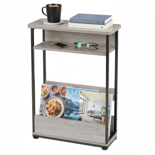 Narrow Side Table,3-Tier Slim End Table with Storage Shelf,Modern Sofa Table Thin Side Table for Narrow and Small Spaces, Skinny Bedside Table Small Nightstand with Magazine Rack Space Saving/Oak - color: Oak