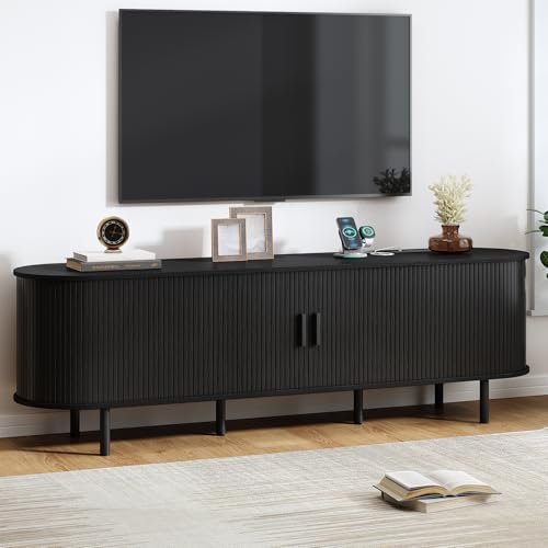 70.8" TV Stand with Power Outlet, Mid-Century Modern Television Stand, Fluted Media Console with Sliding Doors, Entertainment Center for TVs up to 60 Inch, Adjustable Shelves, Black - color: Black, size: 70.8 Inch