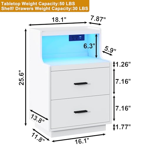 Yusong LED Nightstand Bedside Table with Charging Station 2 Drawers, Modern Sofa Couch End Side Table with LED Lights and Pull-Out Shelf for Bedroom, White - color: White 003