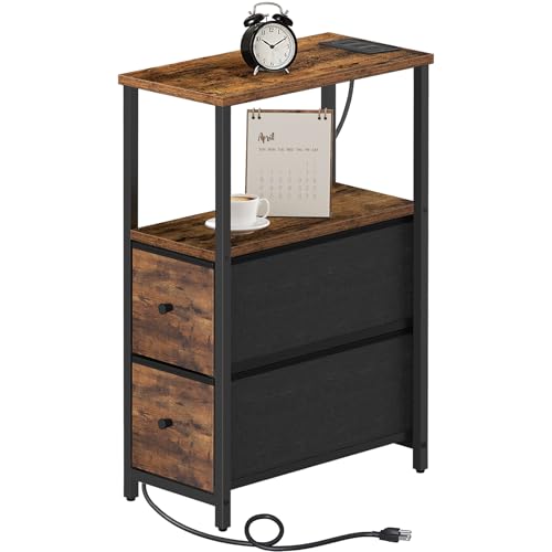 TUTOTAK Narrow End Table, Skinny Side Table with Charging Station | Bedside Table with Outlets, Slim Nightstand with 2 Cloth Drawers for Small Space, Living Room, Bedroom, Brown TB01BB085 - color: Brown, size: 1 Pack (2 Drawers), style: With Plug