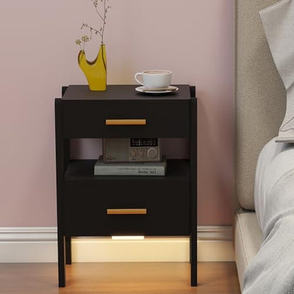 Nightstand with 2 Drawers and Open Shelf Wooden Bedside Table Gold Handles Modern Storage Night Stand Sensor Light for Bedroom, Black - color: Black