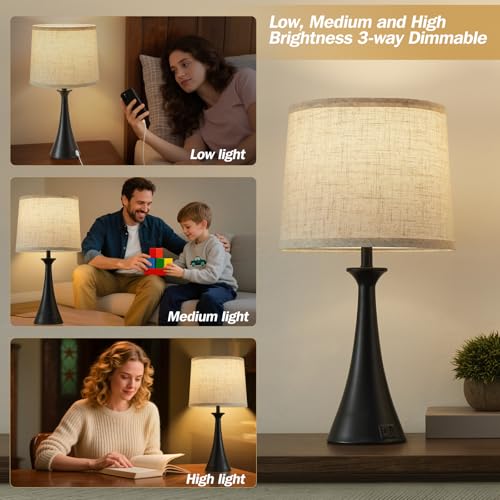 Touch Lamp for Living Room Bedroom, 21" Table Lamps Set of 2 with USB C+A Ports, Touch Bedside Lamps for Nightstand with 3 Way Dimmable, 2 LED Bulbs Included, Black - color: Black 2pcs