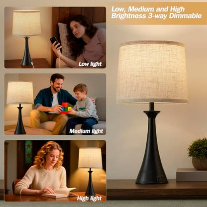 Touch Lamp for Living Room Bedroom, 21" Table Lamps Set of 2 with USB C+A Ports, Touch Bedside Lamps for Nightstand with 3 Way Dimmable, 2 LED Bulbs Included, Black - color: Black 2pcs
