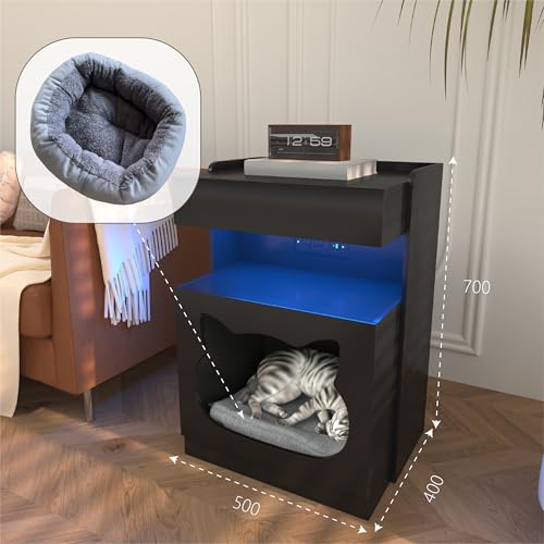 Mojztezy Black Bedside Table with Cat Design, Built-in Charging Station & Soft LED Light, Minimalist Pet-Friendly Storage Nightstand, Stylish Accent Furniture for Bedroom, Office and Living Room