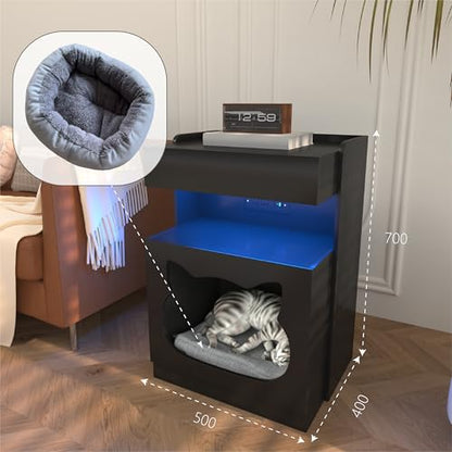 Mojztezy Black Bedside Table with Cat Design, Built-in Charging Station & Soft LED Light, Minimalist Pet-Friendly Storage Nightstand, Stylish Accent Furniture for Bedroom, Office and Living Room