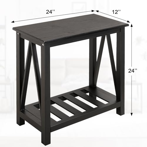 Narrow Side Table with Storage Shelf 2 Tier Wooden Nightstand Bedside Tables for Small Spaces Black Modern Accent Sofa Side Tables for Couch Living Room Bedroom Entryway - color: Wood Grain Black