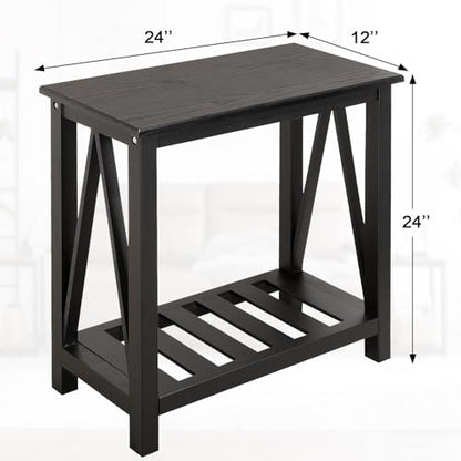 Narrow Side Table with Storage Shelf 2 Tier Wooden Nightstand Bedside Tables for Small Spaces Black Modern Accent Sofa Side Tables for Couch Living Room Bedroom Entryway - color: Wood Grain Black
