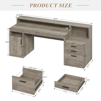 YOMILUVE Executive Computer Desk with 3 Drawers & Storage Shelves, 65 Inch Home Office Desk with File Drawer & Cabinet, Writing Study Desks with Monitor Stand & Printer Shelf, Executive Desk, Grey - color: Grey
