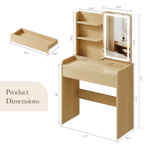 Memobarco Small Vanity Desk with Mirror and Lights, Makeup Vanity with Drawer & Storage Shelves, Vanity Desk with 3 Lighting Modes & Adjustable Brightness, Dressing Table for Women Girls Bedroom, Wood - color: Wood
