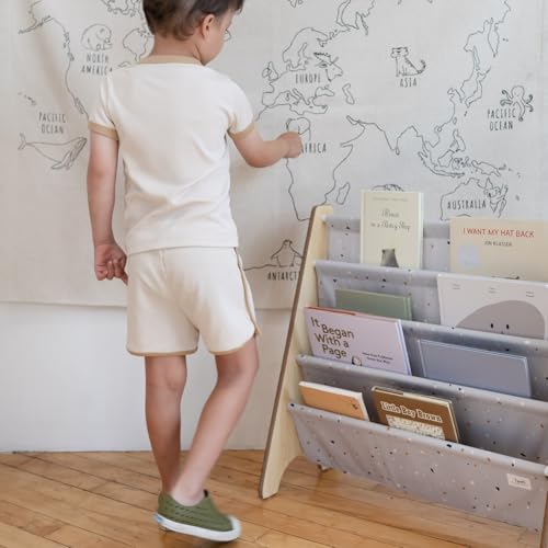 3 Sprouts Recycled Kids Bookshelf, Holds 35 Books, 4-Tier, Terrazzo Gray | Space-saving bookshelf, Children's room, Toddler bookcase organizer, Ages 3+, Book/toy storage, Front-facing, Covers visible - color: Terrazzo Light Gray