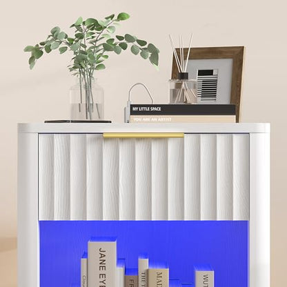 Akxomel Fluted Nightstand, Wooden Night Stand with Charging Station and LED Light, Modern Mid Century End Table with Drawer, 15" D x 15.7" W x 22.6" H, for Bedroom, White - color: White