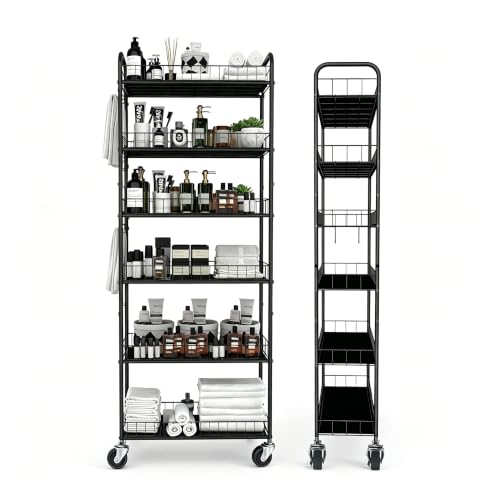 Slim Rolling Storage Cart with Wheels,10in 6 Tier Black | Narrow Space Rolling Shelving Unit , Metal Wire Mobile Organizer Rack for Kitchen Bathroom Office Laundry - size: 10in Black Cart