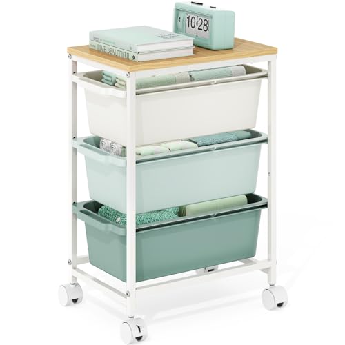Slim Rolling Storage Cart with 3 Drawers, Craft Organizer, Wooden Tabletop Utility Cart for Bedroom, Children's Room and Office Organization, Under Desk Trolley with Lockable Wheels, Green - color: Green, size: 3-Tier