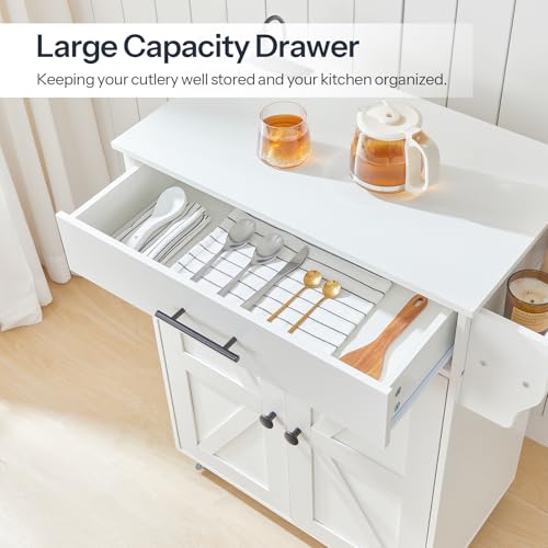 HOOBRO Kitchen Island with Power Outlet, Kitchen Storage Island with Large Worktop, Spice Rack and Drawer, Rolling Kitchen Island Cart on Wheels, for Kitchen and Dining Room, White WT88UZD01 - color: White