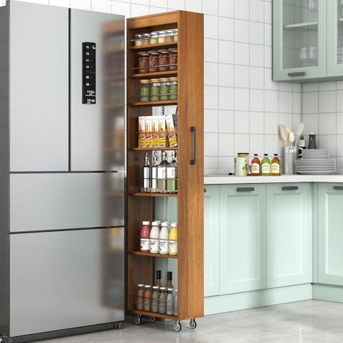 7 Tier Slim Rolling Storage Cart, 68.35" Tall Narrow Pull Out Pantry Organizer Shelves for Kitchen Laundry Bathroom, Space Saving Mobile Utility Cart with Wheels & Handle, Oak - color: Oak