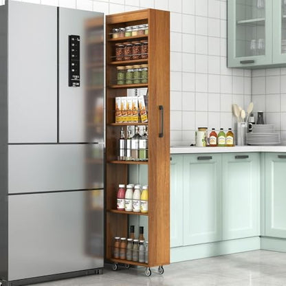 7 Tier Slim Rolling Storage Cart, 68.35" Tall Narrow Pull Out Pantry Organizer Shelves for Kitchen Laundry Bathroom, Space Saving Mobile Utility Cart with Wheels & Handle, Oak - color: Oak