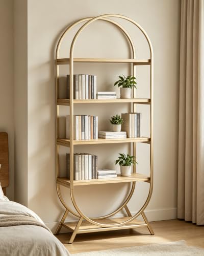 Bookshelf Arched Bookcase, Industrial 5 Tier Open Book Shelves with Metal Frame, 72" Tall Freestanding Display Rack for Home Office, Living Room,Nature Wood and Gold - color: Nature Wood & Gold, size: 5 Tier Arched