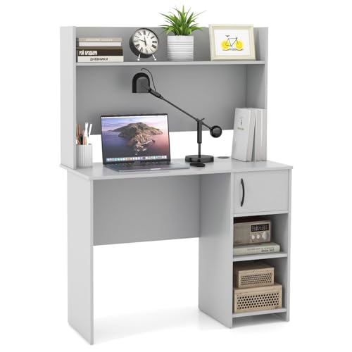 Giantex Computer Desk with Hutch, Home Office Desk with Storage Cabinet & Adjustable Shelf, 2 Cable Holes, Modern Laptop PC Desk Computer Workstation for Working, Study Writing Desk for Bedroom, Gray - color: Grey