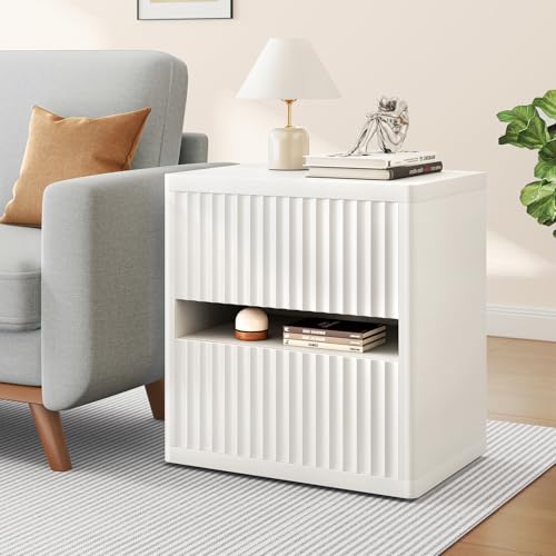 Dripex Fluted Nightstand Set of 2, 22'' Wide Night Stand with 2 Large Drawers, Mid Century Modern Wood Bedside Table with Open Shelf, Large Bed Side End Table for Bedroom, White - color: White