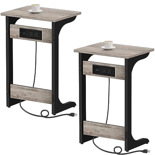 TUTOTAK C Shaped End Table With Charging Station, Set of 2, Couch Tv Tray With 2 USB Ports and Outlets, Sofa Side Table for Small Spaces, Living Room, Bedroom TB01BG0442 - color: Greige, size: 2 pcs, style: Ordinary