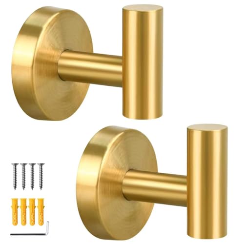 2 Pack Brushed Golden Towel Hooks, SUS304 Stainless Steel Bathroom Hooks | for Bedroom Kitchen Hotel Office - color: 2 Pack Brushed Golden