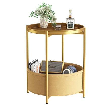 Garden 4 you Side Table with Fabric Storage Basket, Round Metal End Table, Small Bedside Table Nightstand with Removable Tray, for Nursery, Living Room, Bedroom, Bathroom, Gold - color: Gold