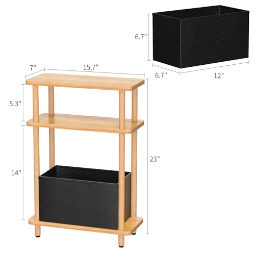 THUMEYE Narrow Side Table with Fabric Basket, 7" Wide, 3 Tier Skinny End Table with Wood Legs, Slim Nightstand/Bedside Table for Small Spaces, with Adjustable Feet, 15.7" L x 23" H - color: Burlywood