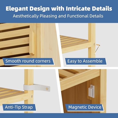 HITNET Bathroom Floor Cabinet, 6 Tier Tall Thin Linen Tower Storage Cabinet Free Standing Bamboo, Kitchen Side Organizer with 3 Shelves and Cupboard, Natural - color: Natural