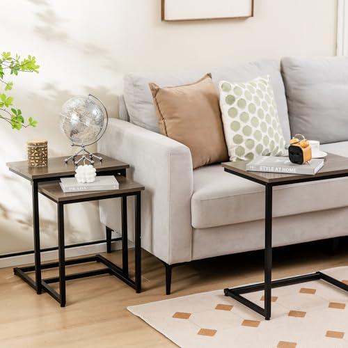 Tangkula Nesting Table Set of 3, Rectangle Stacking Side End Table w/Wood Top & Metal Legs, Adjustable Foot Pads, C-Shaped Accent Coffee Tables for Small Spaces, Living Room (C-Shaped, Gray, 3-pc) - color: Grey