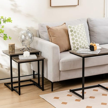 Tangkula Nesting Table Set of 3, Rectangle Stacking Side End Table w/Wood Top & Metal Legs, Adjustable Foot Pads, C-Shaped Accent Coffee Tables for Small Spaces, Living Room (C-Shaped, Gray, 3-pc) - color: Grey