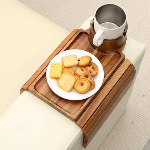 Couch Cup Holder Tray,Acacia Wood Couch Arm Table with Phone Holder, Large Foldable Sofa Arm Tray for Drink Snacks Table - color: Acacia Wood