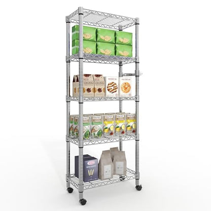 Garvee 5-Tier Storage Shelves Heavy Duty Metal Wire Rack Shelving, 1100 LBS Capacity Rolling Storage Rack with Wheels, for Living Room Pantry Kitchen Bedroom Organization - size: 61"H x 23.6"W x 11.8"D