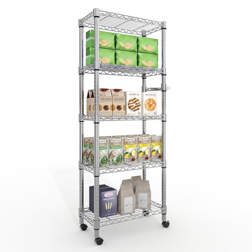 Garvee 5-Tier Storage Shelves Heavy Duty Metal Wire Rack Shelving, 1100 LBS Capacity Rolling Storage Rack with Wheels, for Living Room Pantry Kitchen Bedroom Organization - size: 61"H x 23.6"W x 11.8"D