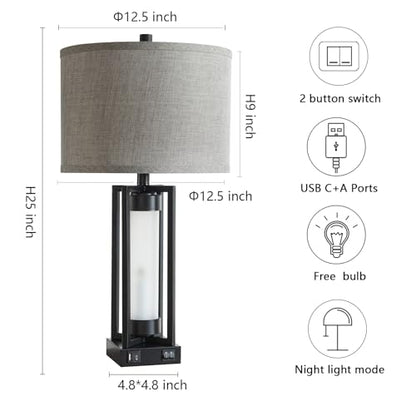 Set of 2 Modern Table Lamps for Living Room with USB C+A Ports | Rustic Nightstand Lamp with White Night Light, Retro Desk Lamp for Bedroom End Table Entryway, 4 Bulb Included (Black) - color: Black