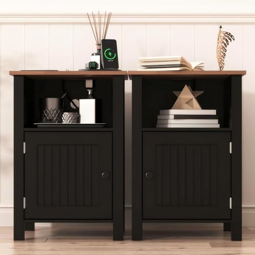 Furnify Farmhouse Nightstand Set of 2, Night Stand with Charging Station and USB Port, Modern Nightstand with Storage Shelf, Rustic Side Table with Open Space, Side Table for Bedroom, Black - color: Black