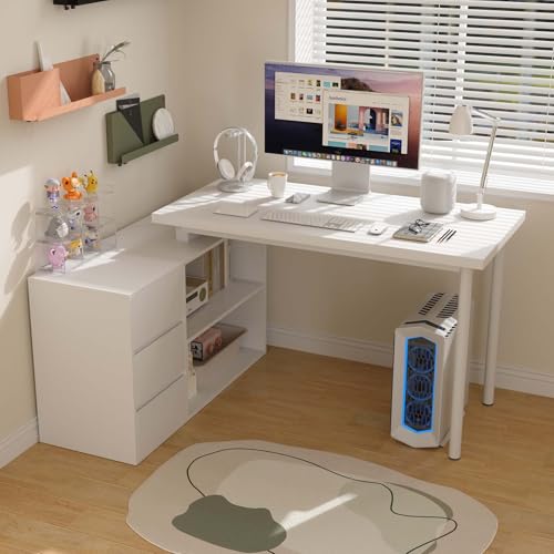 Bobve L Shaped Computer Desk, 47 Inch Home Office Desk with File Drawers & Storage Shelves, Small Corner Computer Desk for Small Space (White) - color: White